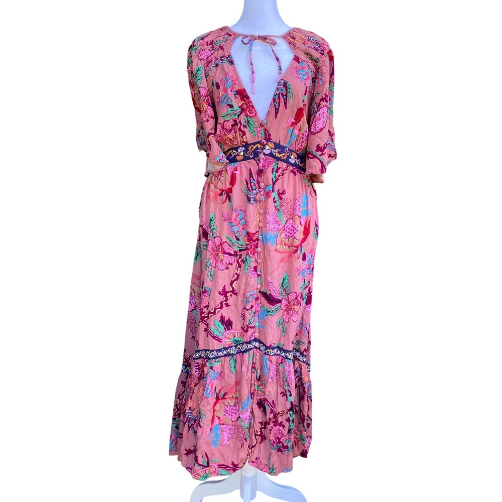Anthropologie Floral Embroidered Pink Maxi Dress Large Boho Western Romantic Fem - Picture 2 of 8